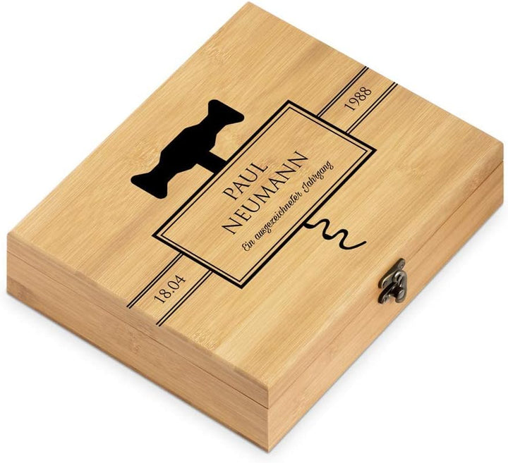 Maverton Weinöffner-Set personalisiert Weinset Sommelier Set - Geschenkbox Holzbox + 6er Weinzubehör