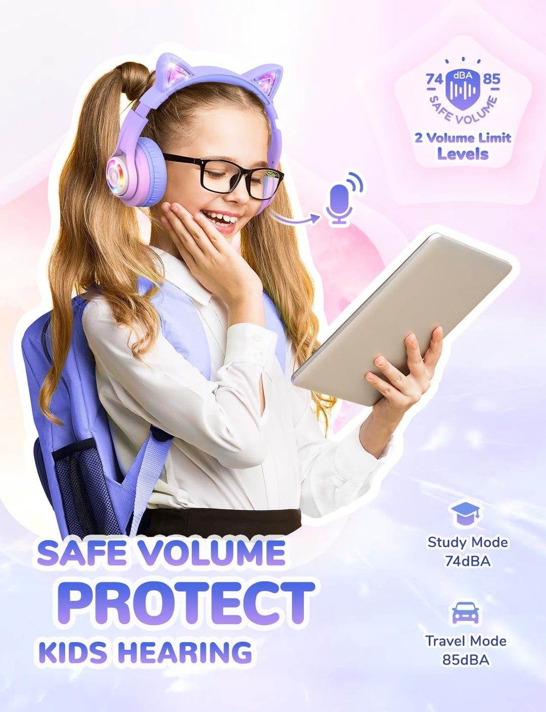 iClever Bluetooth Kopfhörer Kinder, 74/85dBA Lautstärkeregler, 50 Stunden Spielzeit, Bluetooth 5.2,