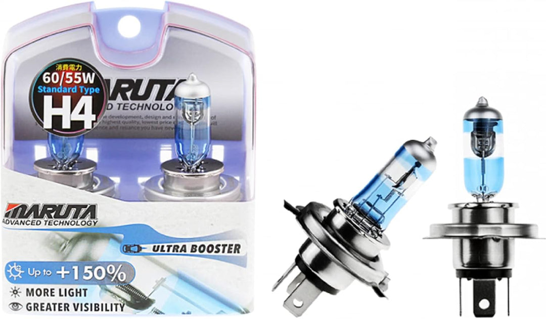 MARUTA ULTRA BOOSTER H4 60/55W +150% Helligkeit, Halogenlampe für Scheinwerfer, Abblendlicht, Fernli