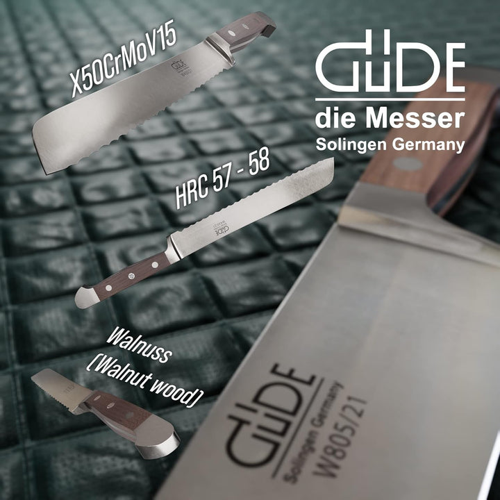 GÜDE Solingen - Brotmesser geschmiedet, 21 cm, Walnussholz, ALPHA WALNUSS, Doppelkropf, Handmade Ger
