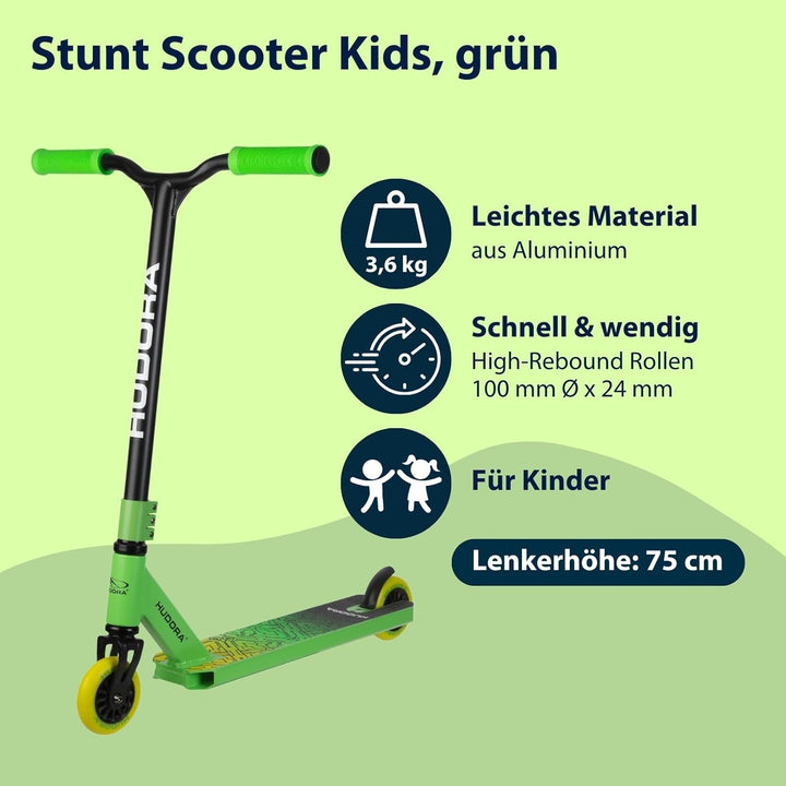 HUDORA Stuntscooter Kids - 360° Lenkung - Tretroller - ABEC 9 Kugellager - Robuster Funscooter, Kick