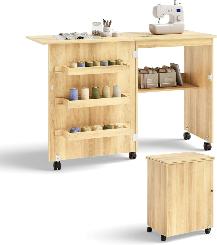 COSTWAY 2 in 1 Nähschrank & Schreibtisch klappbar, Nähtisch aus Holz mit 3 Einlegeböden für Spulen &