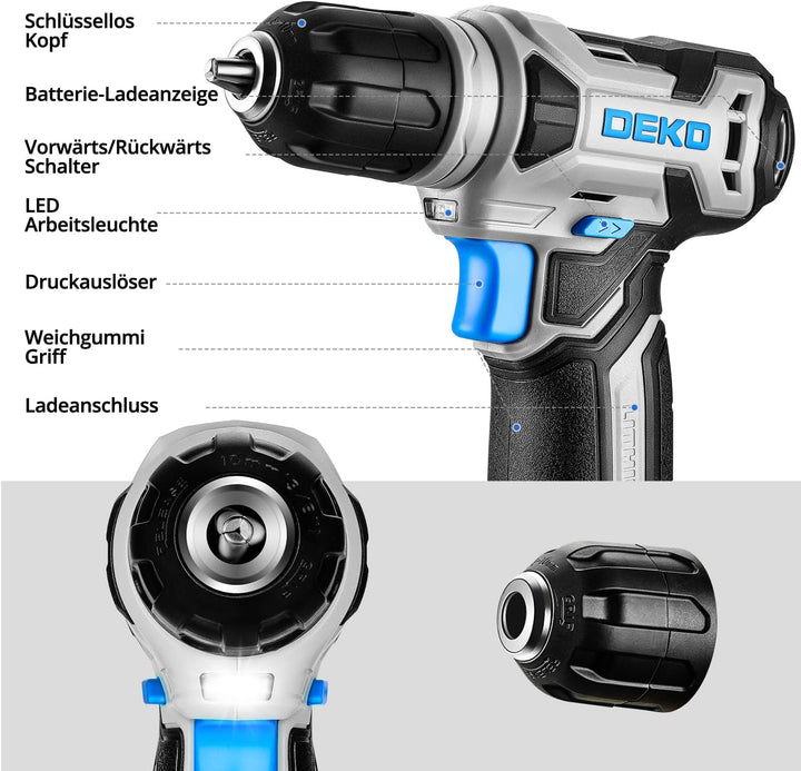 DEKO 126 Stück Elektrowerkzeug Combo Kits mit 8V Akku Bohrer, 10MM 3/8'' Keyless Chuck, Professionel