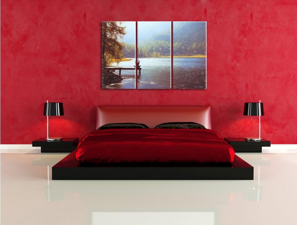 Pixxprint Yoga am See / 3-Teilig/Gesamtmass 120cm Leinwandbild bespannt auf Holzrahmen/Wandbild Kuns