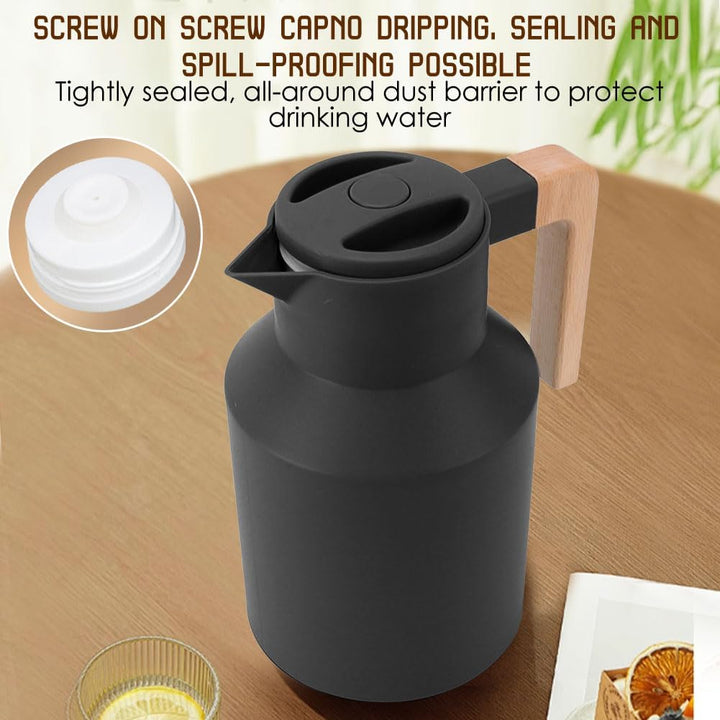 1L Thermo Kaffeekanne, Doppelwandige Vakuum Thermoskanne Kaffee und Getränkespender mit Holzgriff No