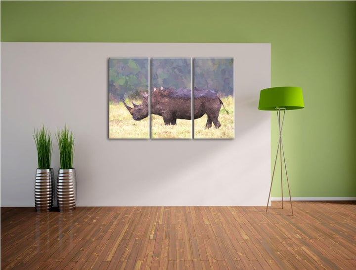 grosses Nashorn in der Savanne NewArt 3-Teiler Leinwandbild 120x80 Bild auf Leinwand, XXL riesige Bi