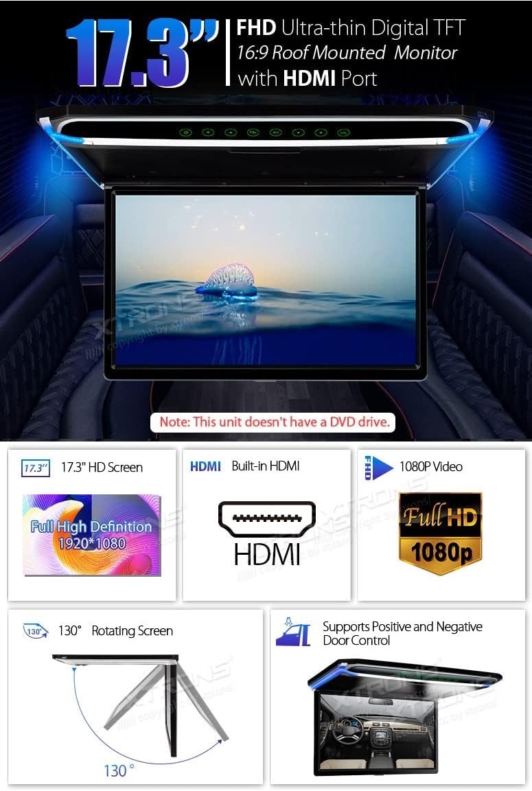XTRONS 17,3“ Digital TFT FHD 16:9 Bildschirm für Auto Bus unterstützt 1080P Video Auto Overhead Play