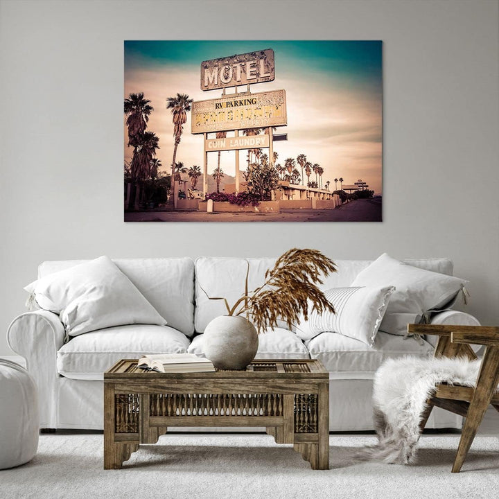 Bilder auf Leinwand 100x70cm Leinwandbild Amerika Motel Strasse Zeichen Gross Wanddeko Bild Schlafzi