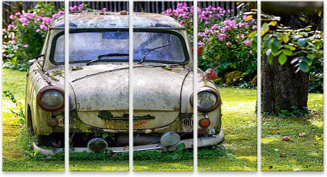 islandburner Bild auf Leinwand Ein alter Trabant in einem Garten Bilder Wandbilder Poster Leinwand 1