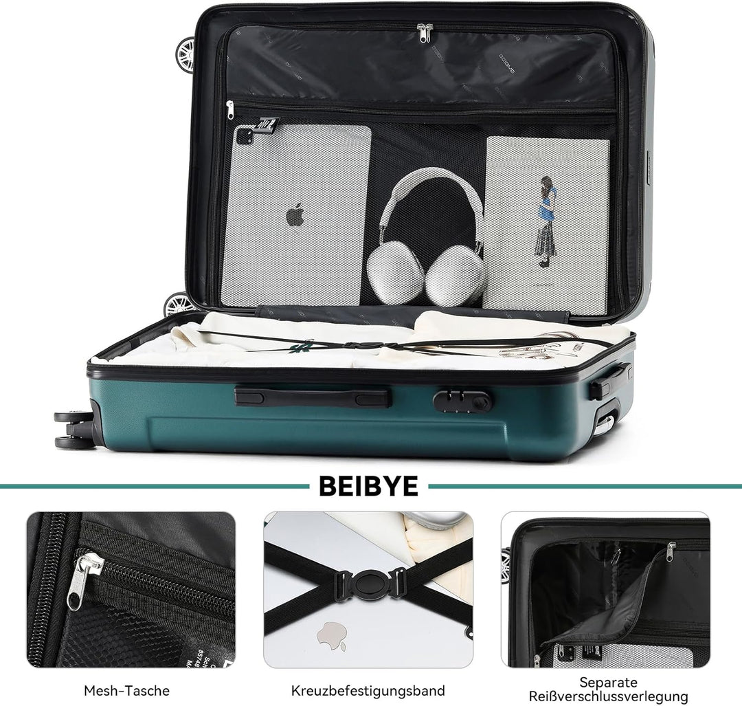 BEIBYE- Hartschalenkoffer Koffer Trolley Rollkoffer Reisekoffer Zahlenschloss 4 Zwilings-Rollen (For