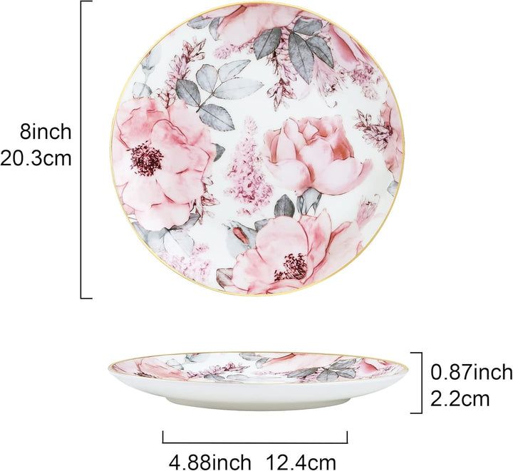 fanquare 20cm Bone China Salatteller mit Goldrand, Pink Floral Pasta Schalen 4er Set, Porzellan Dess