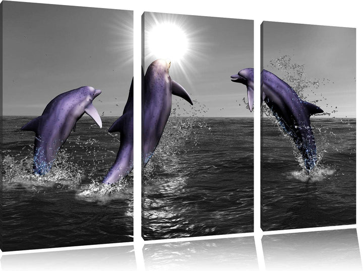 Fröhliche Delfine springen im Meer schwarz/weiss 3-Teiler Leinwandbild 120x80 Bild auf Leinwand, XXL