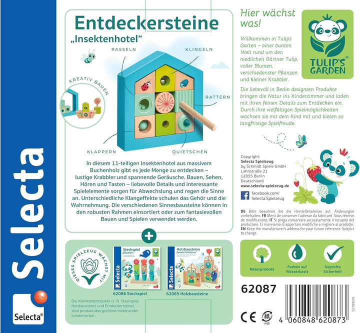 Selecta 62087 Tulips Garden, Entdeckersteine Insektenhotel, 11 Teile aus Holz, bunt