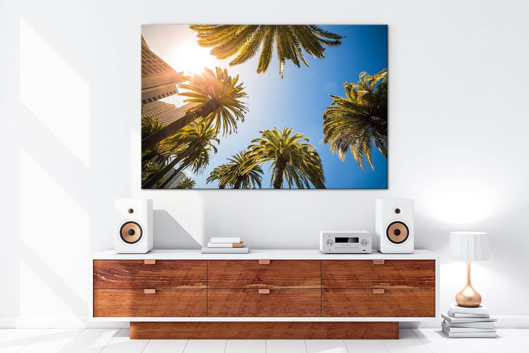 deyoli tropische Stadt mit Palmen Format: 100x70 als Leinwand, Motiv fertig gerahmt auf Echtholzrahm