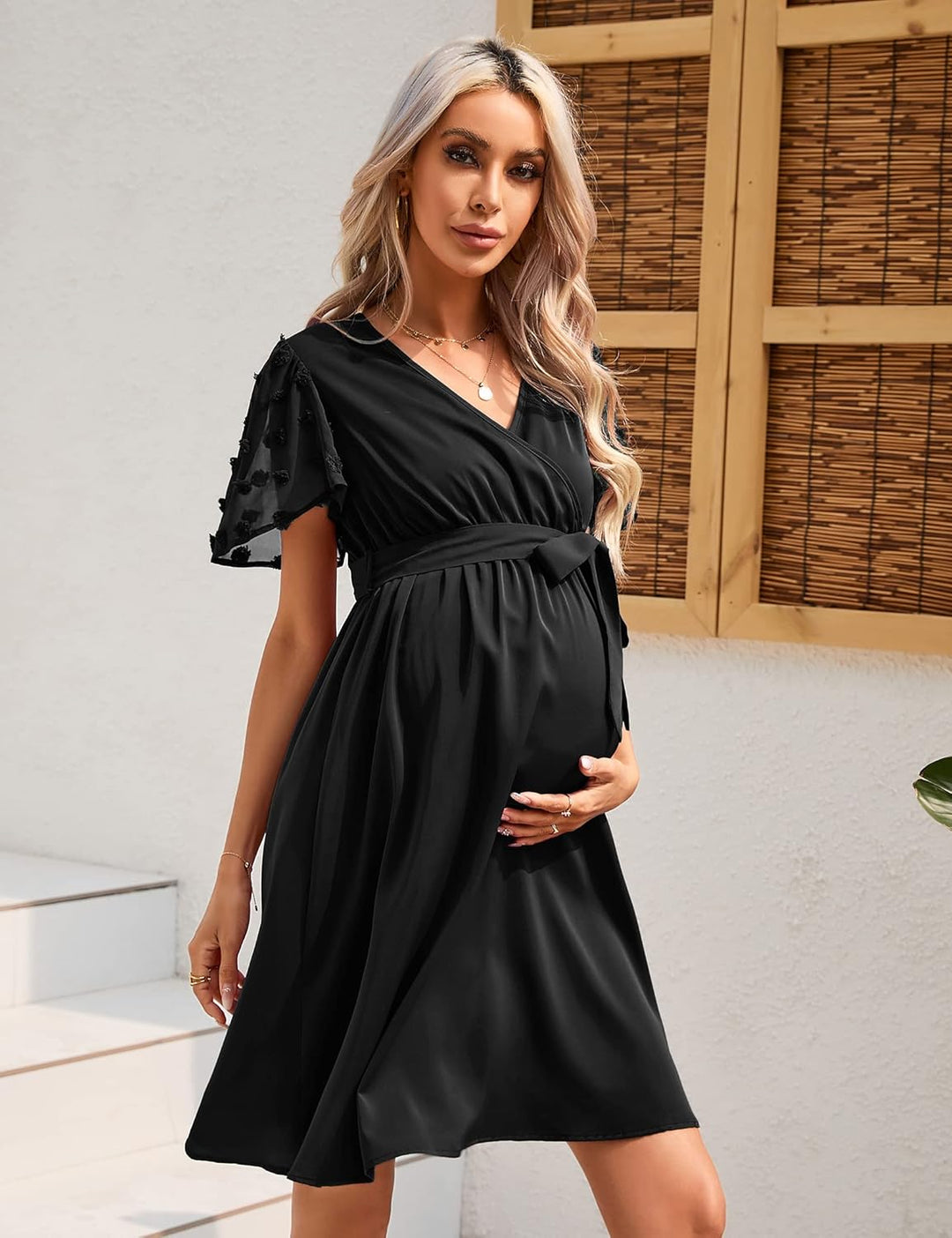 KOJOOIN Damen Umstandskleid Tüll Kurzarm Stillkleid Swiss Dot V-Ausschnitt Schwangere Kleider Mutter