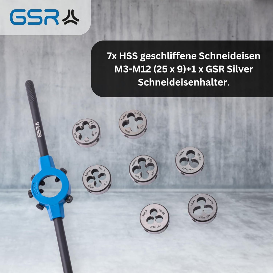 GSR Profi HSS Schneideisen Satz, 8-teilig, 25x9 Schneideisenhalter & M3-M12 Schneideisen, Form B vor
