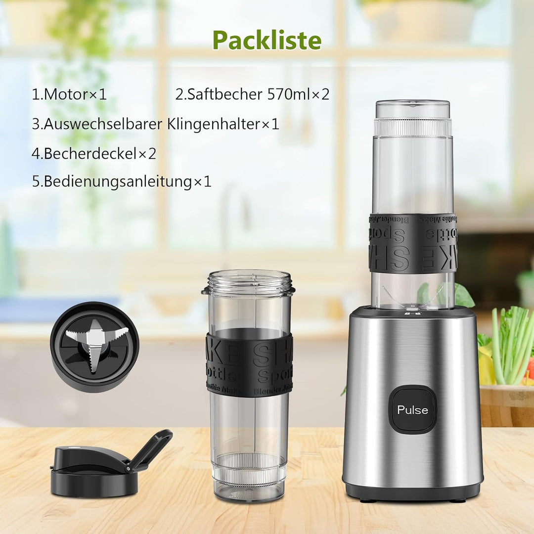 Mixer, Smoothie Maker, Standmixer, 500W Smoothie Mixer mit 2x570ml Smoothie Flaschen BPA frei Tritan