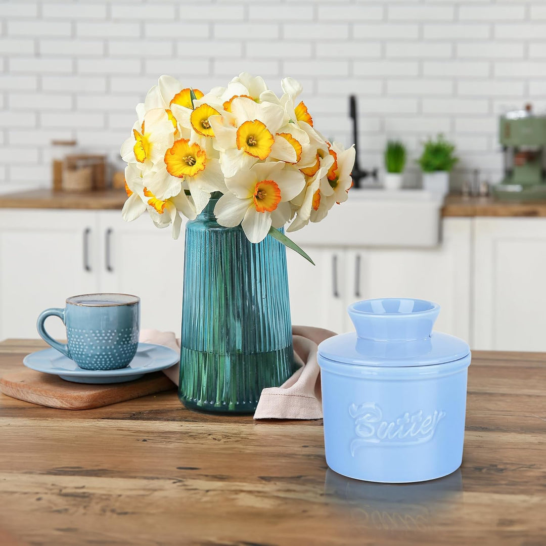 fanquare Blau Butterdose Porzellan mit Deckel, Runder Butterbehälter fur Französische Butterdose und