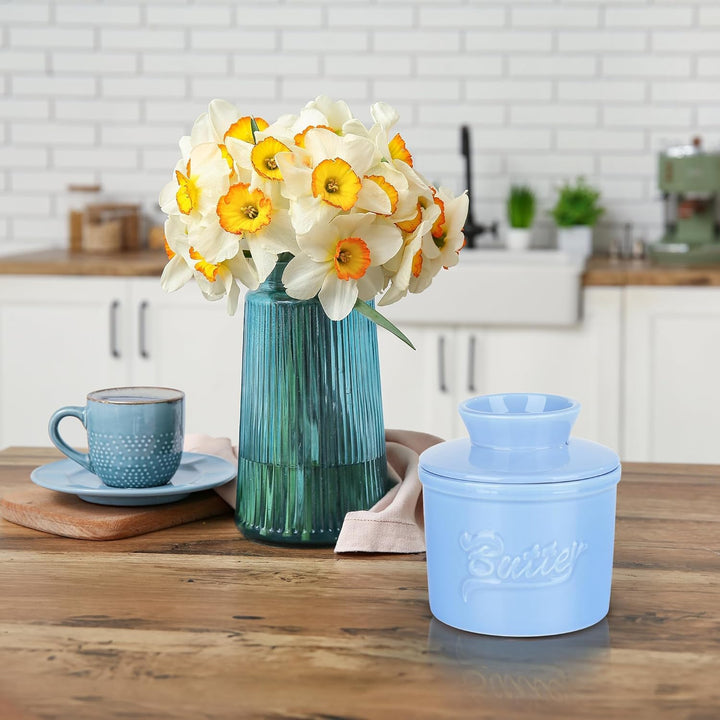 fanquare Blau Butterdose Porzellan mit Deckel, Runder Butterbehälter fur Französische Butterdose und