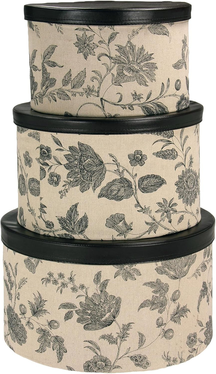Household Essentials 3-Piece Hat Box Set with Faux Leather Lids, Floral Pattern Blumenmuster, Blumen