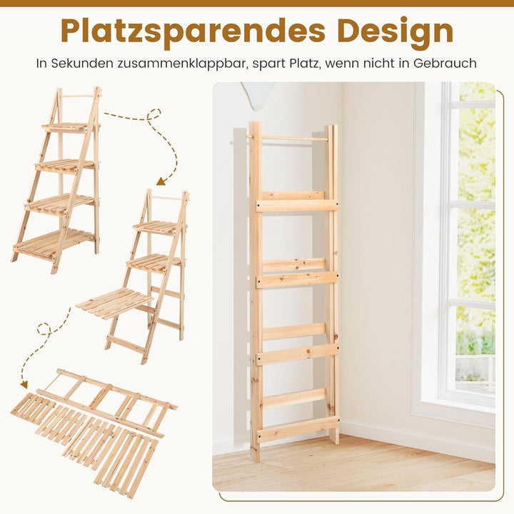 COSTWAY Blumentreppe klappbar, Leiterregal mit 4 Ablagen, Blumenregal aus Tannenholz, Pflanzleiter P