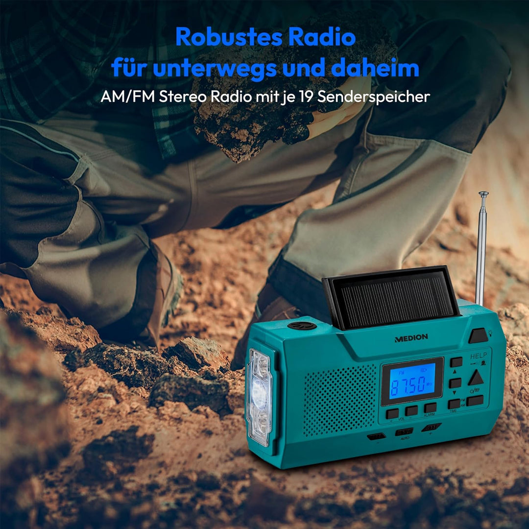 MEDION E66806 Kurbelradio (Solar, Dynamo Handkurbel, Baustellenradio, UKW Radio, Taschenlampe, SOS N
