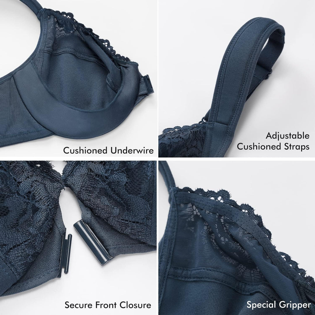 DELIMIRA Damen BH mit Vorderverschluss Bügel Spitzen BHS Grosse Brüste Soft Vollschalen Ungefüttert