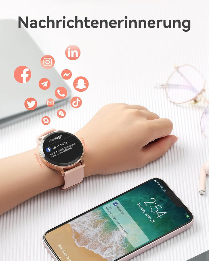 Parsonver Smartwatch Damen mit Telefonfunktion, Fitness-Tracker mit Herzfrequenz Schlafmonitor, 1.43