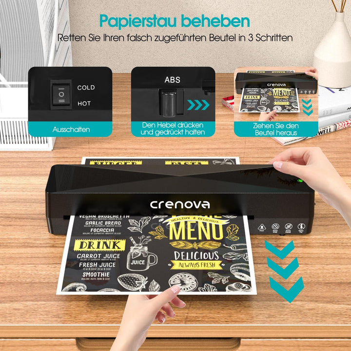 Crenova Laminiergerät A4/A5/A6,Schneller Laminator mit 10 Laminierfolien,Personal für Hausgebrauch,S