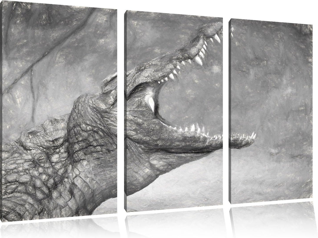 gewaltiges stolzes Krokodil schwarz/weiss Deluxe 3-Teiler Leinwandbild 120x80 Bild auf Leinwand, XXL