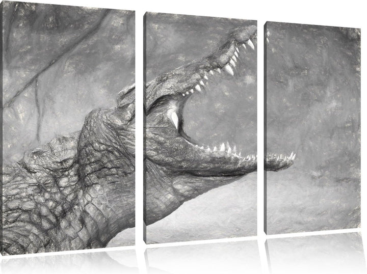 gewaltiges stolzes Krokodil schwarz/weiss Deluxe 3-Teiler Leinwandbild 120x80 Bild auf Leinwand, XXL