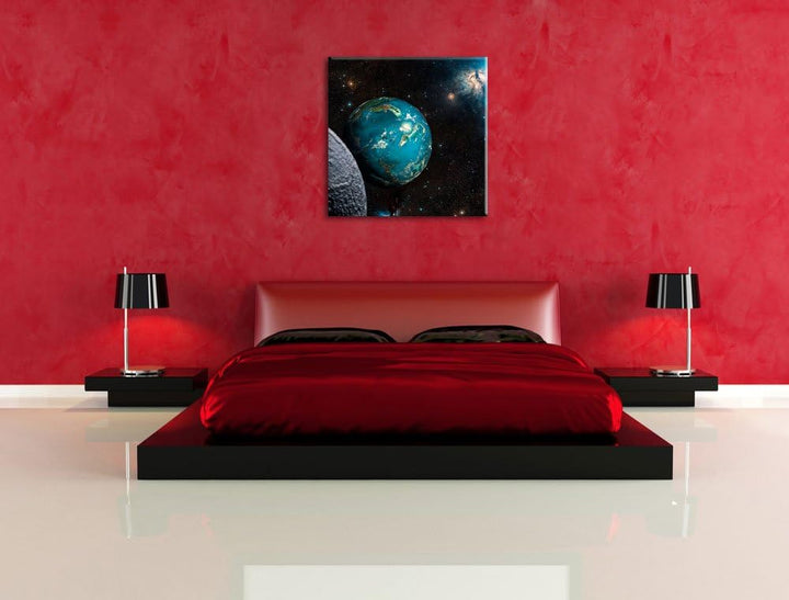 Planet Erde im Kosmos, Format: 70x70 auf Leinwand, XXL riesige Bilder fertig gerahmt mit Keilrahmen,