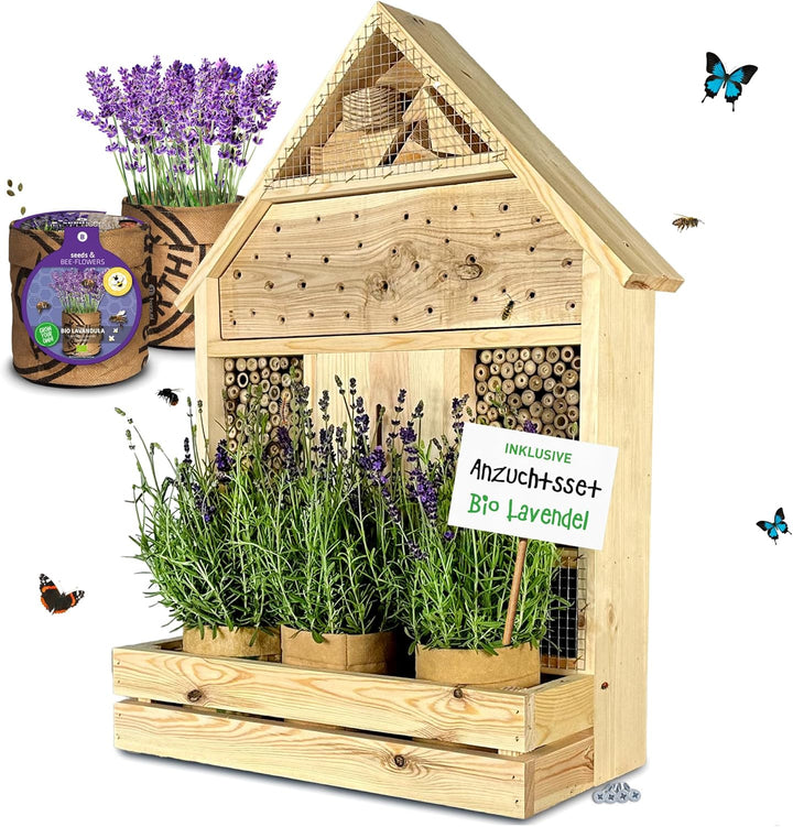 GARTENETAGE Insektenhotel zum Aufhängen mit Pflanzenbalkon Lavendel - inkl. Anzuchtset/Naturbelassen