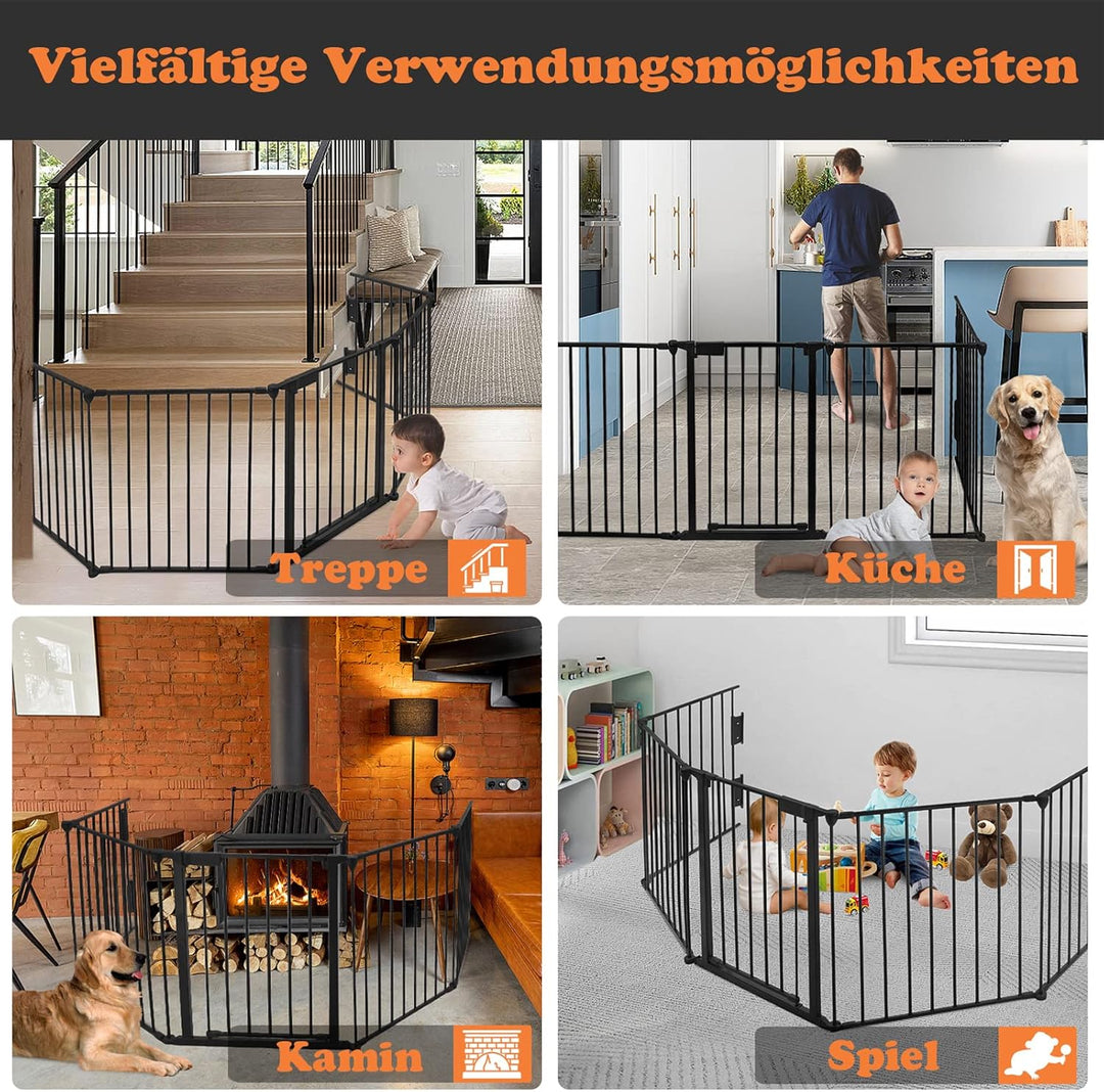 LZQ Kaminschutzgitter mit Sicherheitstür Metall Ofenschutzgitter Gesamtlänge 300 cm, Kamingitter Kin