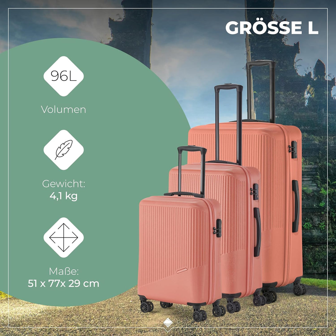travelite 4-Rad Koffer Set 3 teilig Grössen L/M/S, Gepäck Serie BALI: ABS Hartschalen Trolleys mit T