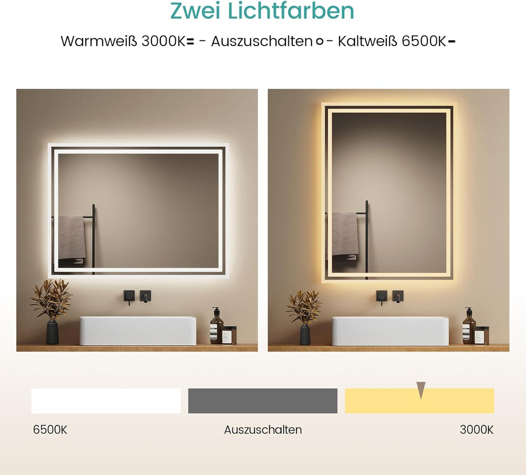 EMKE LED Badspiegel 80x60cm LED Wandspiegel mit Beleuchtung Warmweisses Licht und Kaltesweisses Lich