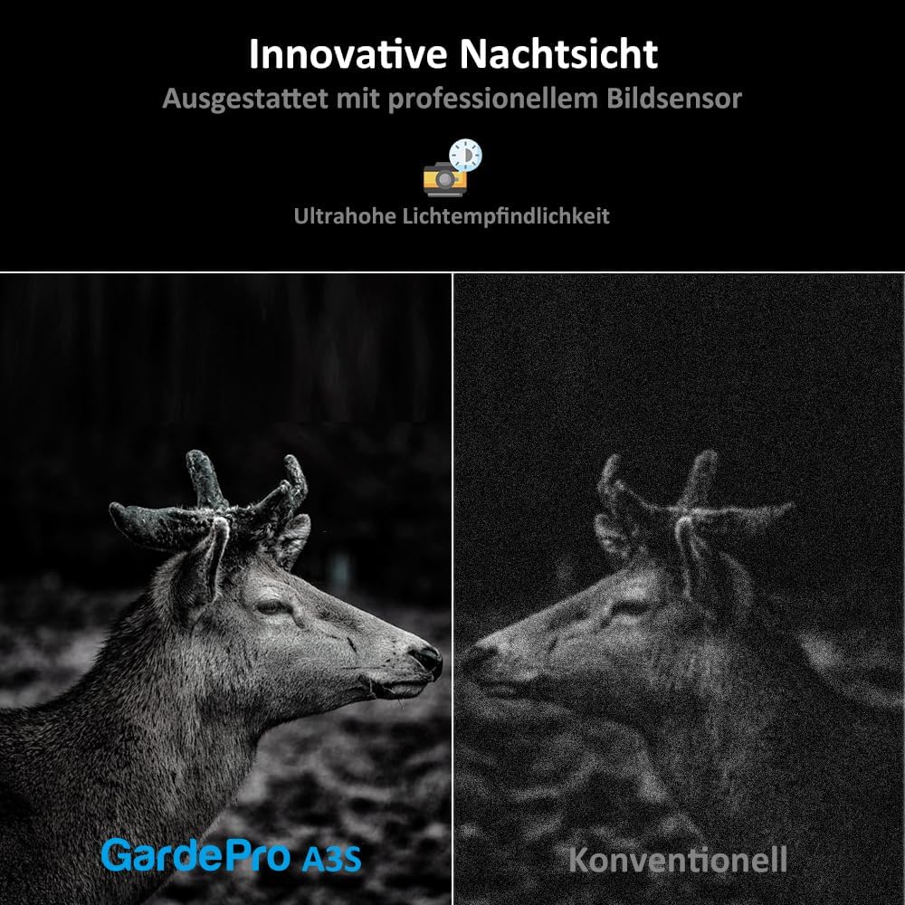 GardePro A3S Wildkamera 48MP 1296P H.264 Video Wildtierkamera mit Klarer 30M No Glow Infrarot, 0.1s