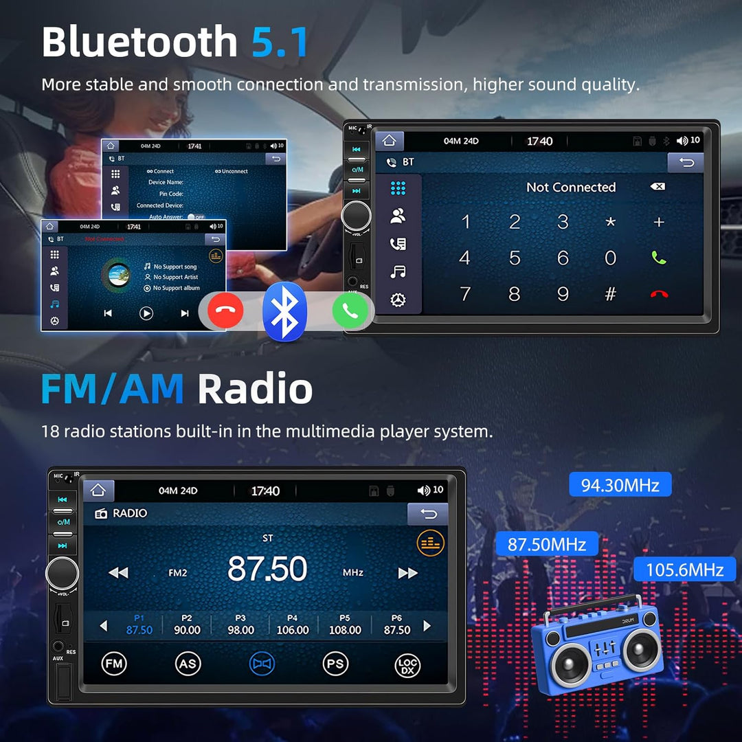Podofo A-pple Carplay Android Auto 2 Din Autoradio, 7" HD Touchscreen MP5 Player Unterstützung Bluet