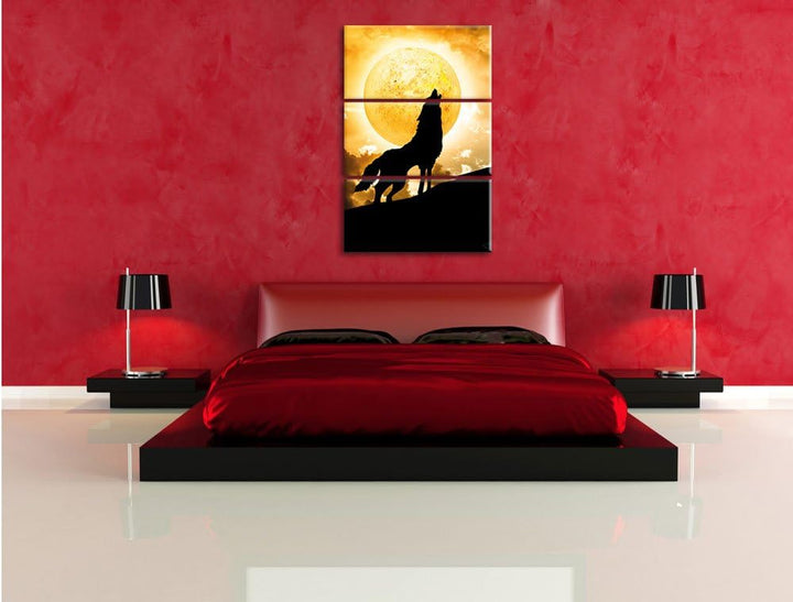 Pixxprint Wolf heult Mond an als Leinwandbild/Grösse: 3 Teilig (120x80) / Wandbild/Kunstdruck/fertig