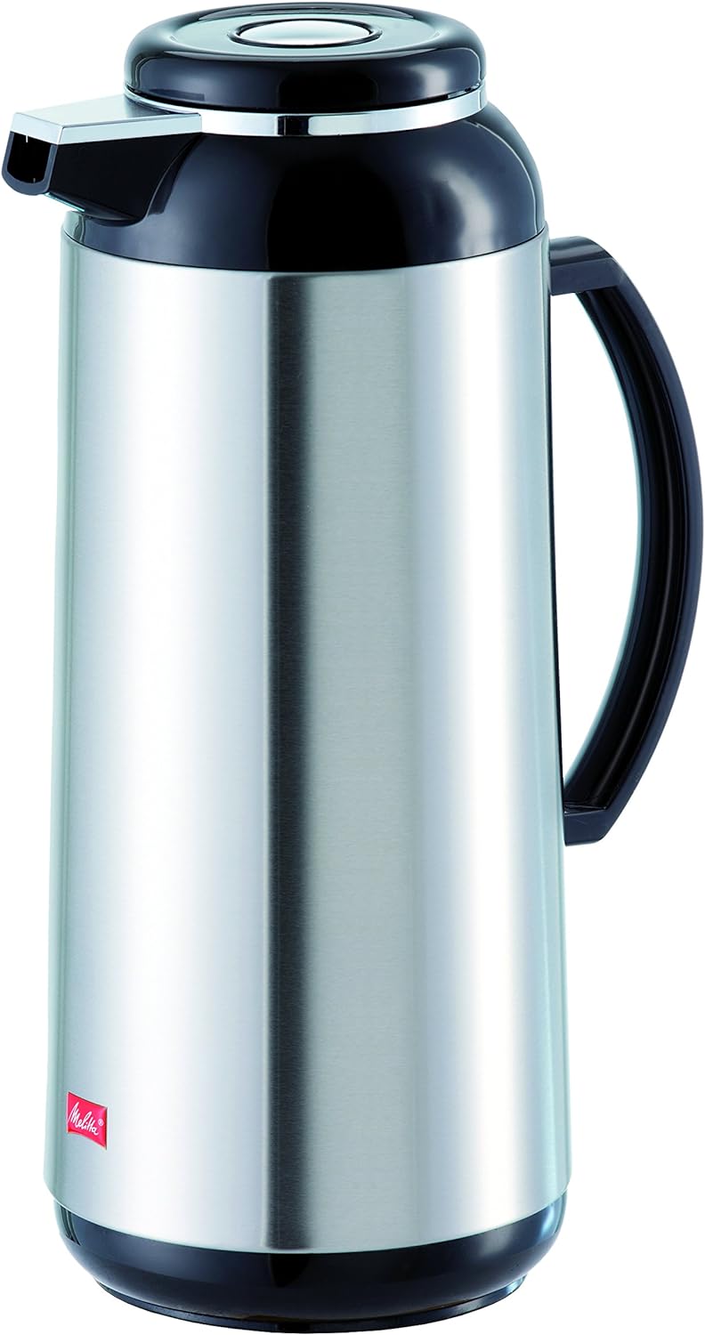 Melitta Isolierkanne mit Schraubverschluss, 1,9 l, ca. 15 Tassen, Glaskolben, Edelstahl, Silber/Schw