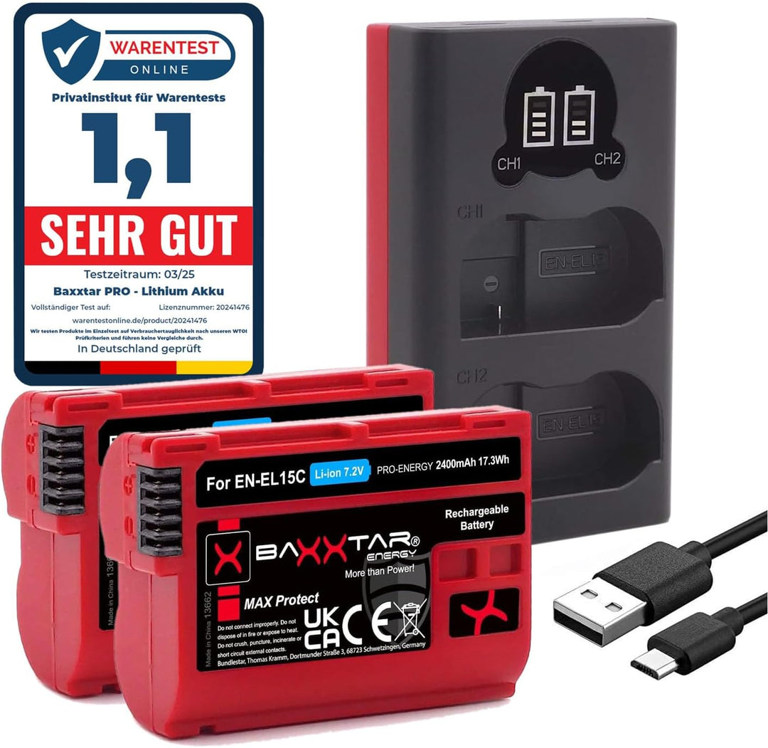 Baxxtar MaxProtect EN-EL15c 2400mAh Kamera-Akku Pack/aktiver NTC-Sensor / V1 Schutzgehäuse - mit 185