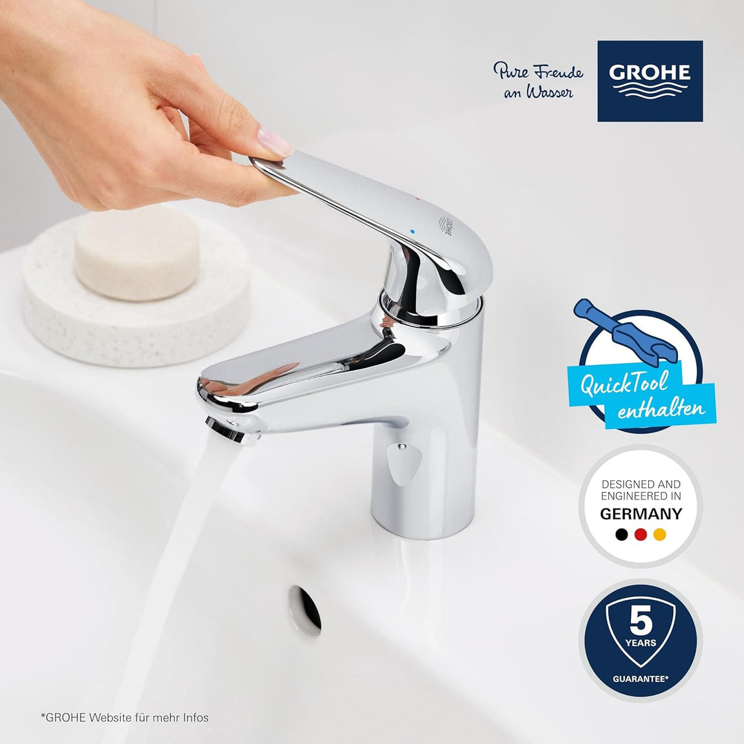 GROHE Swift - Waschtischarmatur (wassersparend, ~16cm hoch, inkl. Montagewerkzeug, Push-Open Ablauf)