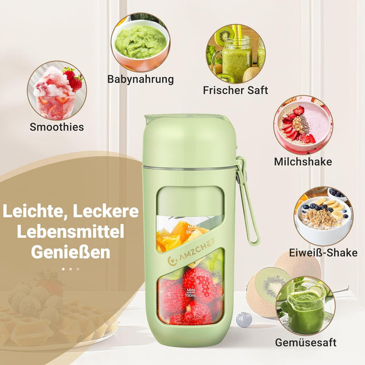 AMZCHEF Vakuum Smoothie Maker, Tragbarer Mixer für Milchshake, Saft, Smoothie - 380ml Vakuum Antioxi