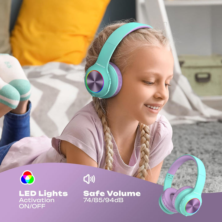 Kinderkopfhörer Bluetooth, PowerLocus Kinder Kopfhörer Kabellos mit LED-Leuchten 74/85/94dB Lautstär