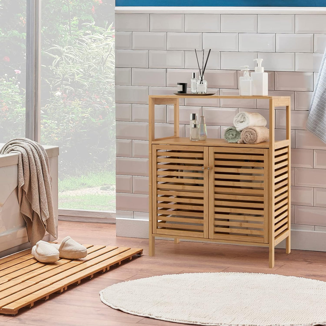 COSTWAY Badezimmerschrank Bambus, Badschrank mit 2 Lamellentüren, Schrank multifunktional für Badezi
