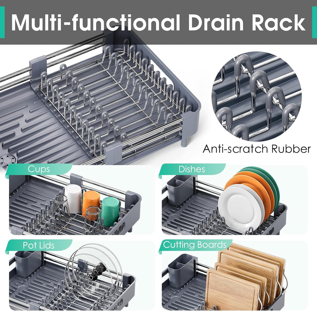 Kingrack Erweiterbares Abtropfgestell, Faltbares Edelstahl Geschirrabtropfgestell mit Abnehmbarem Be