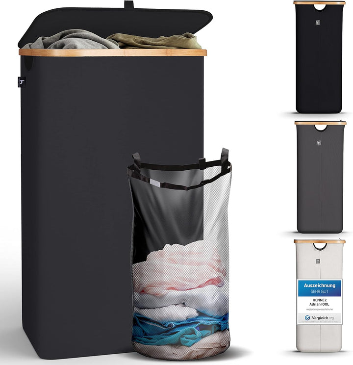HENNEZ 100L Wäschekorb mit Deckel Schwarz - mit Wäschesack Wäschesammler schmal mit Deckel - Schwarz