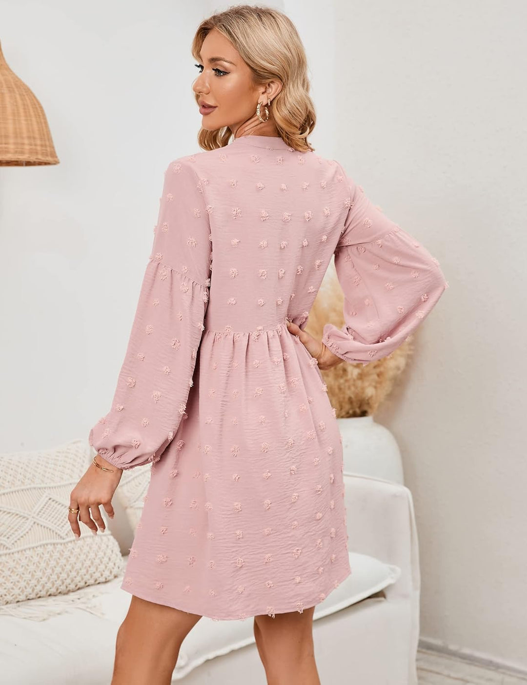 KOJOOIN Damen Tunika Kleid Langarm Swing Kleid kurz V-Ausschnitt Knopfleiste Blusenkleid Swiss Dot C