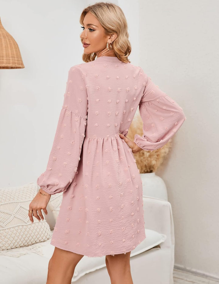 KOJOOIN Damen Tunika Kleid Langarm Swing Kleid kurz V-Ausschnitt Knopfleiste Blusenkleid Swiss Dot C