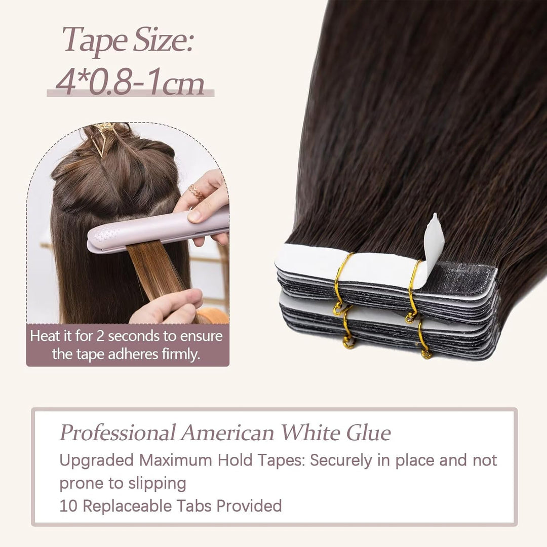 TESS Tape Extensions Echthaar #2 Dunkelbraun 50 cm Echthaar Haarverlängerung 20 Stücke Glatt Remy Ta